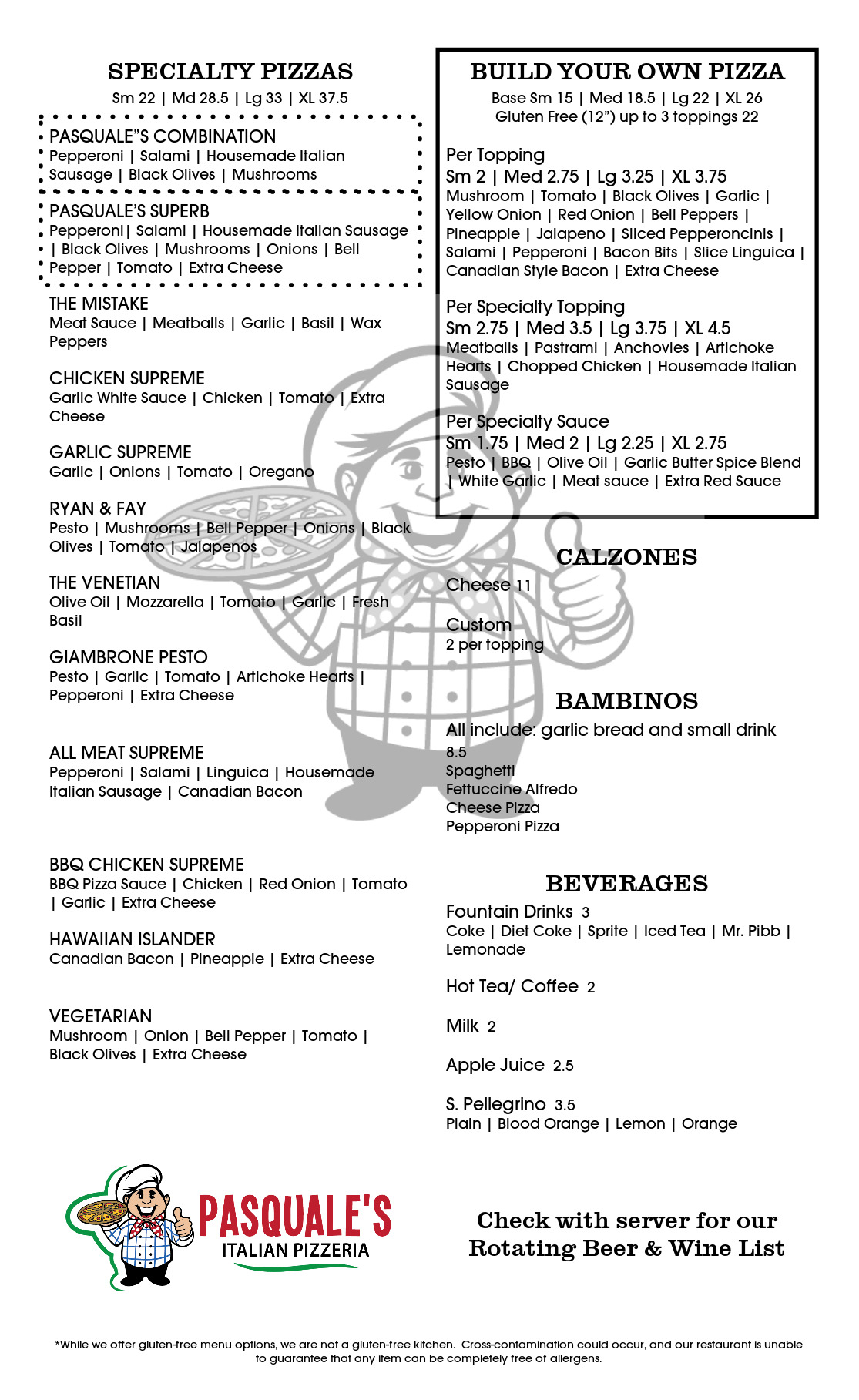Menu Pasquale’s Italian Pizzeria